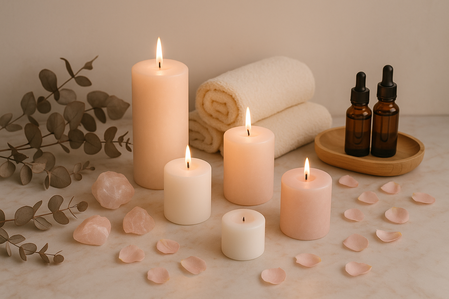 algo mas donde incluya velas adaptada a tus colores rosado y crema, con el estilo wellness